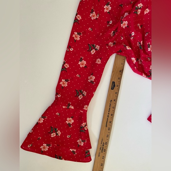 H&M Kimono Romper Womens Red Floral Print V Neck Long Bell Sleeve Open Back - Picture 3 of 8